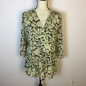 Liz Claiborne Wrap Blouse Tunic Top XL Womans Beige Black Floral Mesh 3/4 Sleeve